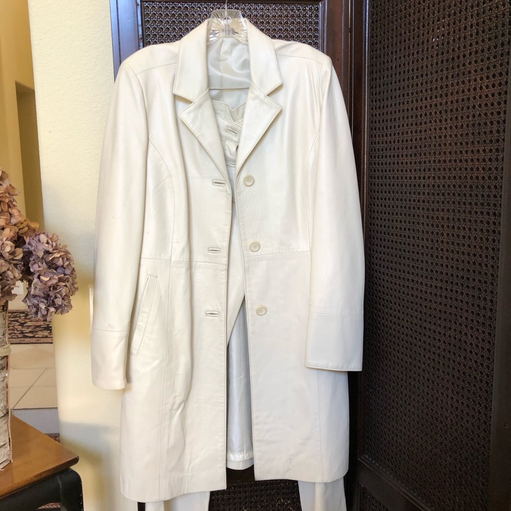 Italian white leather coat and matching pants.